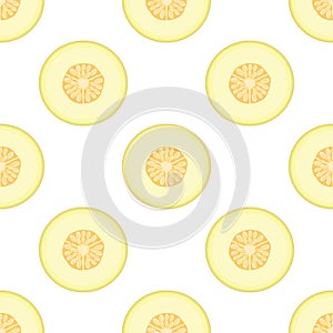 Seamless pattern with fresh half melon fruit on white background. Honeydew melon. Summer fruits for healthy lifestyle. Organic