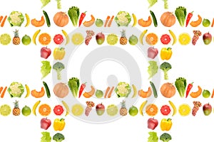 Seamless pattern of fresh juicy vegetables and fruits useful for health isolated on white