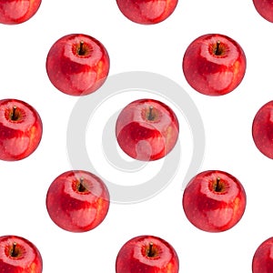 Seamless pattern of fresh red apples on white background isolated, bright shiny apple repeating ornament, tasty juicy ripe fruits