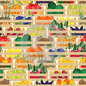 Seamless pattern with fresh ripe organic fruits and vegetables in wooden boxes. Backdrop with harvest or gathered crops