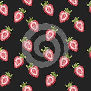 Seamless pattern fresh ripe red strawberry with a green leaf. Botanical painting. Hand drawn illustration isolated on