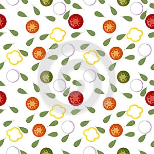 Seamless pattern of fresh Vegetable slices Red tomat, green cucumber, yellow pepper, white onion