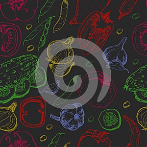 Seamless pattern with fresh vegetables on black background. Tomato, pepper, cucumber, chilli, onion, garlic and beans