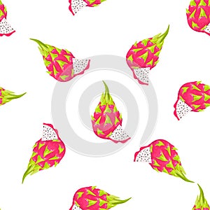 Seamless pattern with fresh whole and cut slice red pitaya fruits isolated on white background. Summer fruits for healthy