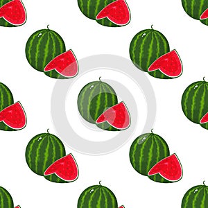 Seamless pattern with fresh whole and cut slice watermelon fruit on white background. Summer fruits for healthy lifestyle. Organic