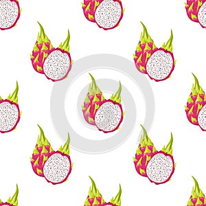 Seamless pattern with fresh whole and half cut red pitaya fruits isolated on white background. Summer fruits for healthy lifestyle