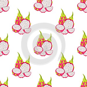 Seamless pattern with fresh whole and half cut red pitaya fruits isolated on white background. Summer fruits for healthy lifestyle
