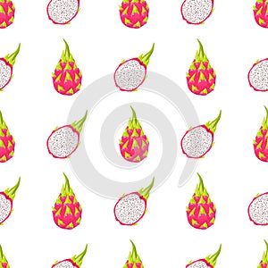 Seamless pattern with fresh whole and half cut red pitaya fruits isolated on white background. Summer fruits for healthy lifestyle