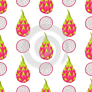 Seamless pattern with fresh whole and half cut red pitaya fruits isolated on white background. Summer fruits for healthy lifestyle