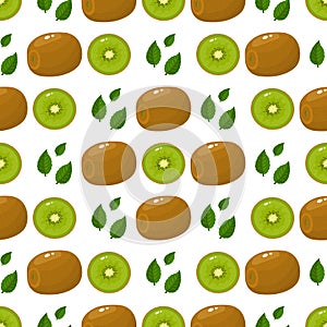 Seamless pattern with fresh whole and half kiwi fruit and leaves on white background. Summer fruits for healthy lifestyle. Organic