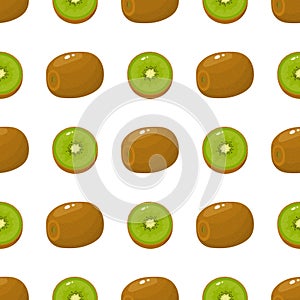 Seamless pattern with fresh whole and half kiwi fruit on white background. Summer fruits for healthy lifestyle. Organic fruit.