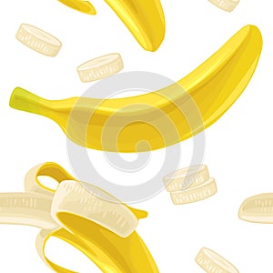 Seamless pattern fresh whole, half peeled and slice banana. Isolated on white