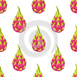 Seamless pattern with fresh whole red pitaya fruits isolated on white background. Summer fruits for healthy lifestyle. Organic