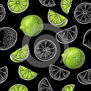 Seamless pattern fresh whole and slice lime. Isolated on white