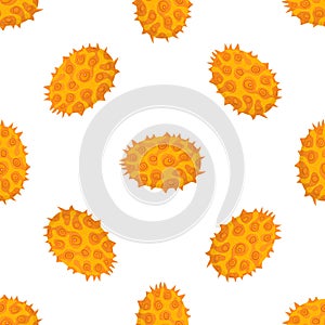 Seamless pattern with fresh whole yellow kiwano fruit isolated on white background. Summer fruits for healthy lifestyle