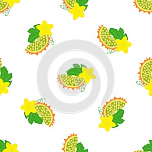 Seamless pattern with fresh yellow kiwano fruit and flowers isolated on white background. Summer fruits for healthy