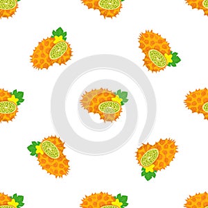 Seamless pattern with fresh yellow kiwano fruit and flowers isolated on white background. Summer fruits for healthy