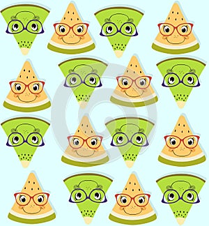Seamless pattern with fresh yellow melon and green kiwi over blue background. Summer fruit background
