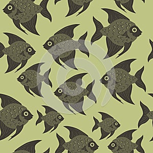 Seamless pattern of freshwater aquarium cartoon fishes. Vector illustration in sketch style.