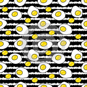 Seamless pattern with fried eggs on abstract striped background. Vintage doodle print for T-shirt, fabric, stationery. Hand drawn