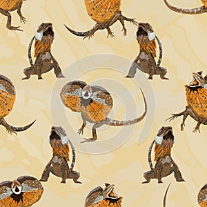 Seamless pattern with Frilled Lizards Chlamydosaurus kingii or frill-necked lizard, frilled dragon or frilled agama. Wild reptiles