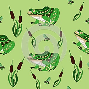 seamless pattern frog in the reeds catches a fly. cute frog with green background, for fabric print, gift wrapping paper, textile