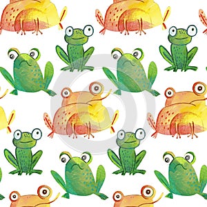 Seamless pattern, with frogs painted with watercolor