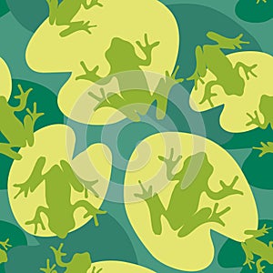 Seamless pattern with frogs and water lily leaves. Abstract contemporary print with aquatic amphibians