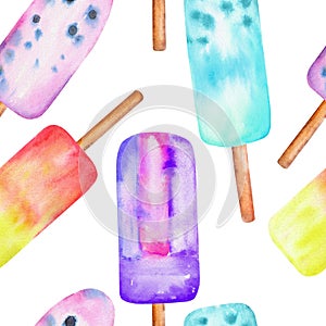 Seamless pattern with the frozen juice lolly, hand drawn in a watercolor on a white background