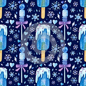 Seamless pattern with frozen lollipops, ice cream, ice lolly sweets and snowflakes.