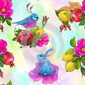 Seamless pattern Fruit Animals