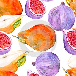 Seamless pattern of fruit figs and watercolor painted pears