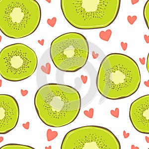Seamless pattern fruit kiwi on white background, Vector backdrop.Kiwi slice
