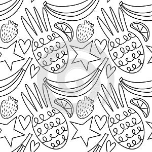 Seamless pattern fruit line organic, healthy and vegan food packaging Fresh healthy organic food vector doodle hand