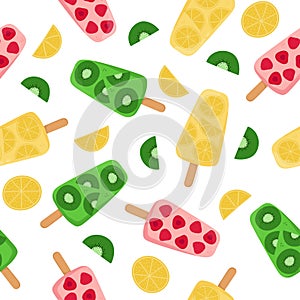 Seamless pattern of fruit popsicle, berry. Fruit ice creams and fruit slices on white background