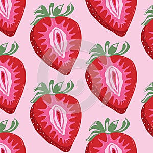 Seamless pattern with Fruit strawberry with outlines female labia. photo