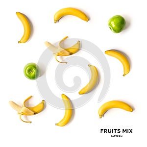 Seamless pattern with fruits.Banana and apple on white background. photo