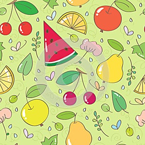 Seamless pattern with fruits and berries, leaves, flowers photo