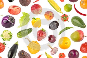 Seamless pattern. Fruits, berry and vegetables isolated on white