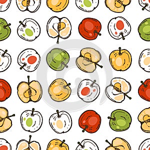 Seamless pattern with fruits for the kitchen. Red, yellow and green apples. Food.