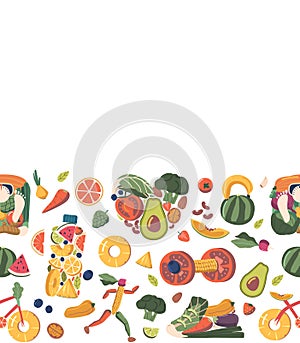 Seamless Pattern with Fruits And Vegetables In Shape Of Scales, Water Bottle, Shoe, Heart, Bicycle, Running Sportsman