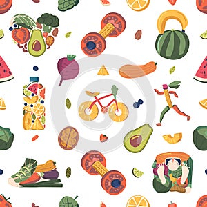 Seamless Pattern with Fruits And Vegetables In Shape Of Shoe, Heart, Bicycle, Running Sportsman, Dumbbell, Scales