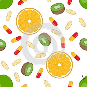 Seamless pattern fruits and vitamins capsules orange apple kiwi vector illustration. Proper nutrition and health