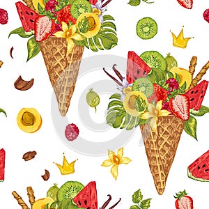 Seamless pattern with a fruity cocktail in waffle cone