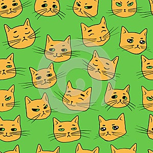 Seamless pattern with fun cute redheads cats. Colorful vector doodle style texture with animals. Cartoon stylish funny