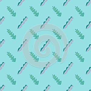 Seamless pattern of fun green and grey leaves on a bright blue background.