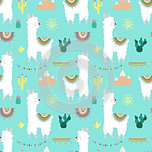 Seamless pattern of fun hand-drawn white llamas or alpacas, cacti, mountains, sun, garlands on a blue background. Illustration for
