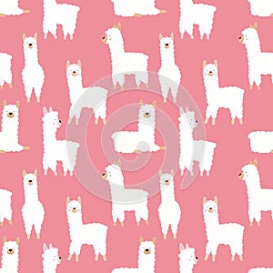 Seamless pattern of fun hand-drawn white llamas or alpacas on a pink background. Illustration for children, room, textile, clothes