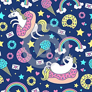 Seamless pattern with fun unicorns in donuts. Vector cartoon style cute character