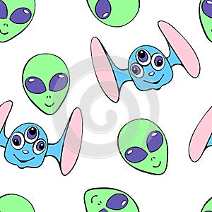 Seamless pattern with funny Aliens heads in doodle flat style. Humanoids, visitors, Martians. Vector cute texture